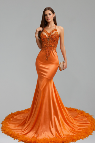 Feather Trim Embellished Mermaid Gown