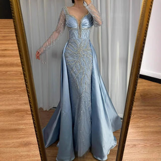 Ships in 2 to 5 Days - Luxury Designer Blue Beaded Evening Gown with Long Sleeves – Formal Dress for Wedding & Party