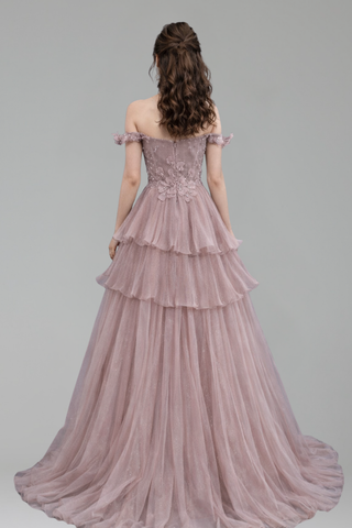 Pink Dreamy Ruffles Beaded A-Line Gown - LAROSABRIDE