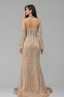 Halter Beaded Mermaid Evening Dress - LAROSABRIDE
