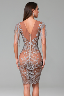 Sheer Crystal Embellished Fringe Midi Dress - LAROSABRIDE