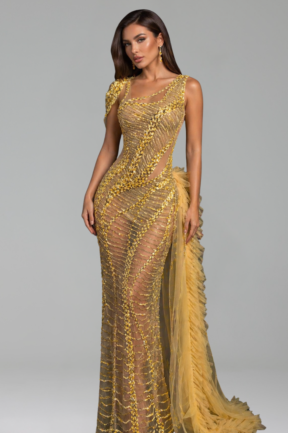 Sheer Beaded Cutout Gown - LAROSABRIDE