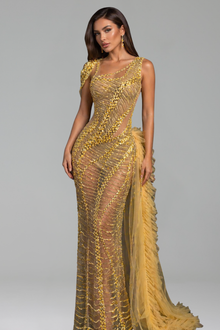 Sheer Beaded Cutout Gown - LAROSABRIDE