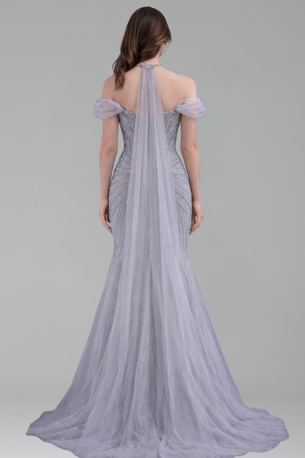 Off Shoulder Feather Beaded Mermaid Gown - LAROSABRIDE