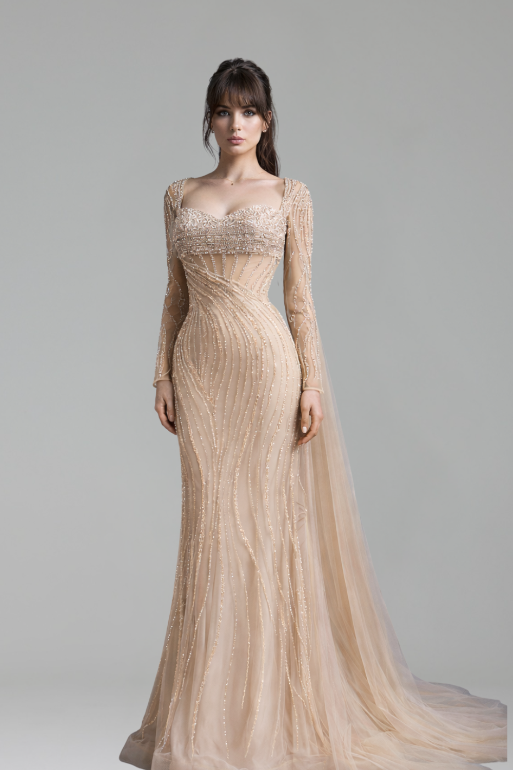 Sheer Beaded Fitted Gown - LAROSABRIDE