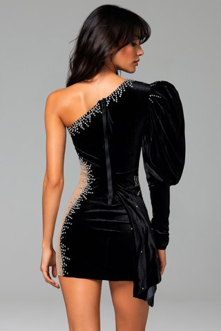 One-Shoulder Crystal Velvet Mini Dress