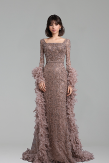 Feathered Beaded Mermaid Dress - LAROSABRIDE