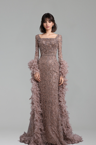 Feathered Beaded Mermaid Dress - LAROSABRIDE