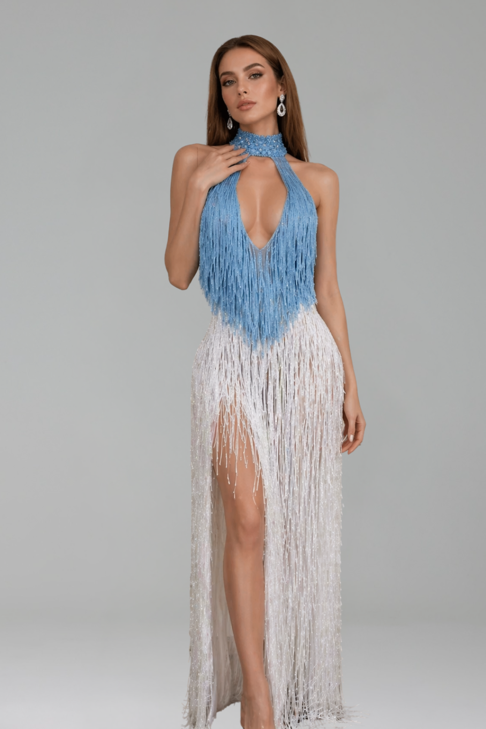 Halter Fringe High Slit Dress - LAROSABRIDE