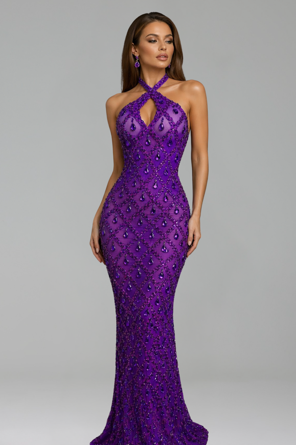 Halter Neck Crystal Embellished Fitted Gown - LAROSABRIDE