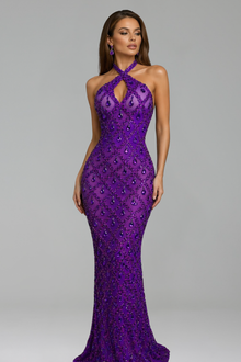 Halter Neck Crystal Embellished Fitted Gown - LAROSABRIDE