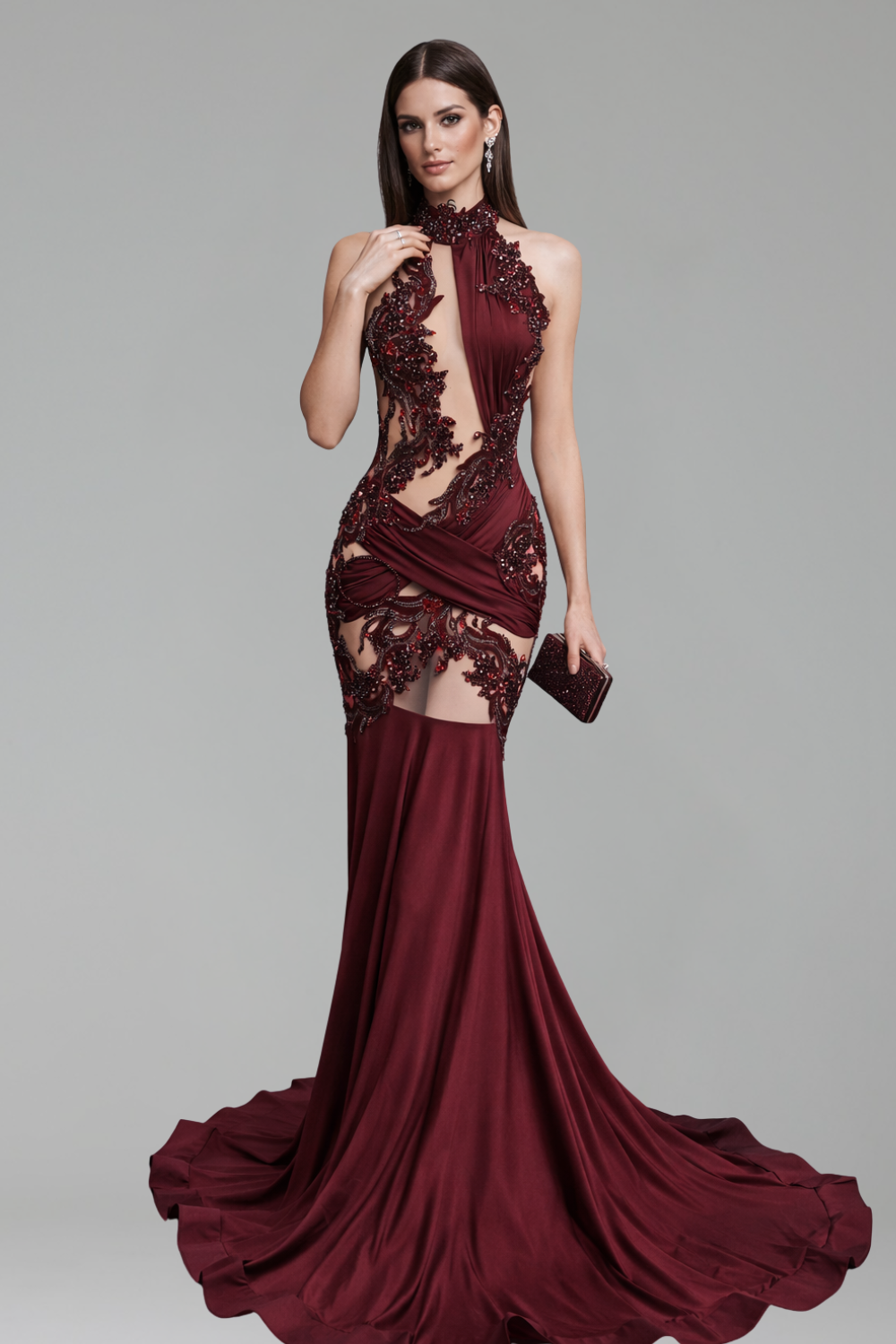 High Neck Embellished Cutout Mermaid Gown - LAROSABRIDE