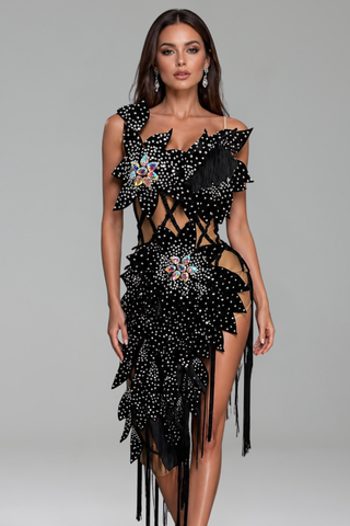 Crystal Leaf Fringe Asymmetric Dress