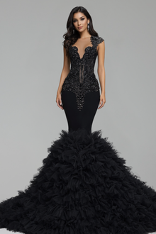 Beaded Ruffle Backless Mermaid Dress - LAROSABRIDE