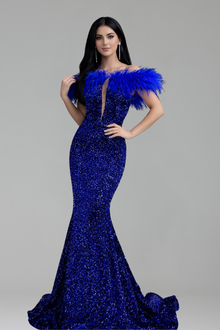 Feathered Off-Shoulder Sequin Mermaid Gown - LAROSABRIDE