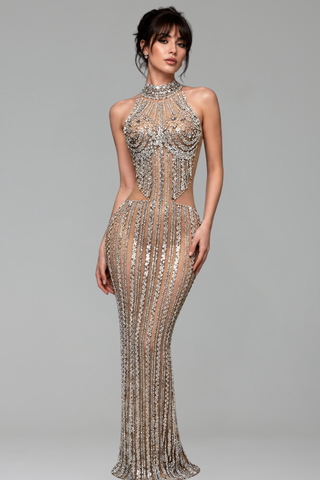 High-Neck Crystal Stripe Illusion Gown - LAROSABRIDE