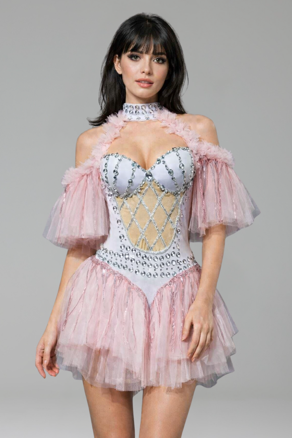 Crystal Tulle Feather Mini Dress - LAROSABRIDE