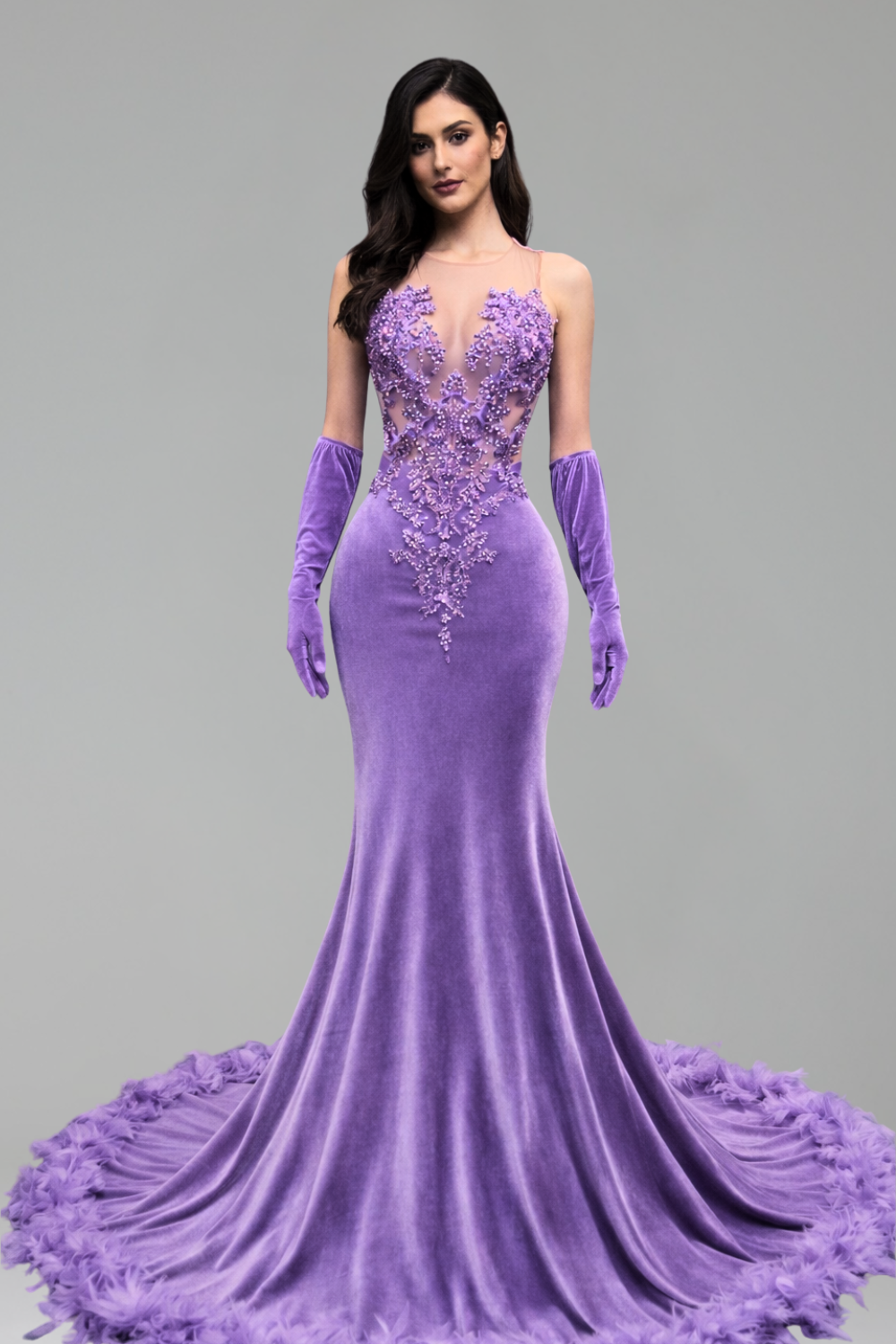 Illusion Appliqu� Velvet Mermaid Gown - LAROSABRIDE