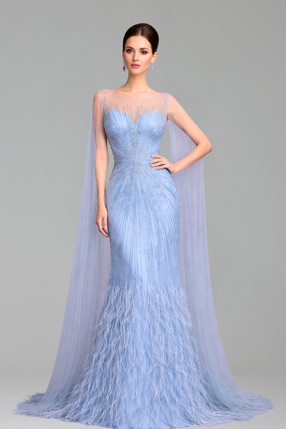 Feather Cape Sleeve Evening Dress - LAROSABRIDE
