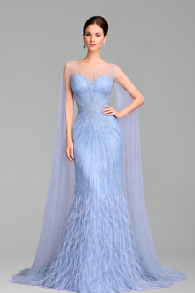 Feather Cape Sleeve Evening Dress - LAROSABRIDE