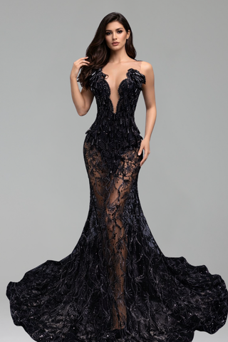 Illusion Beaded Mermaid Evening Dress - LAROSABRIDE