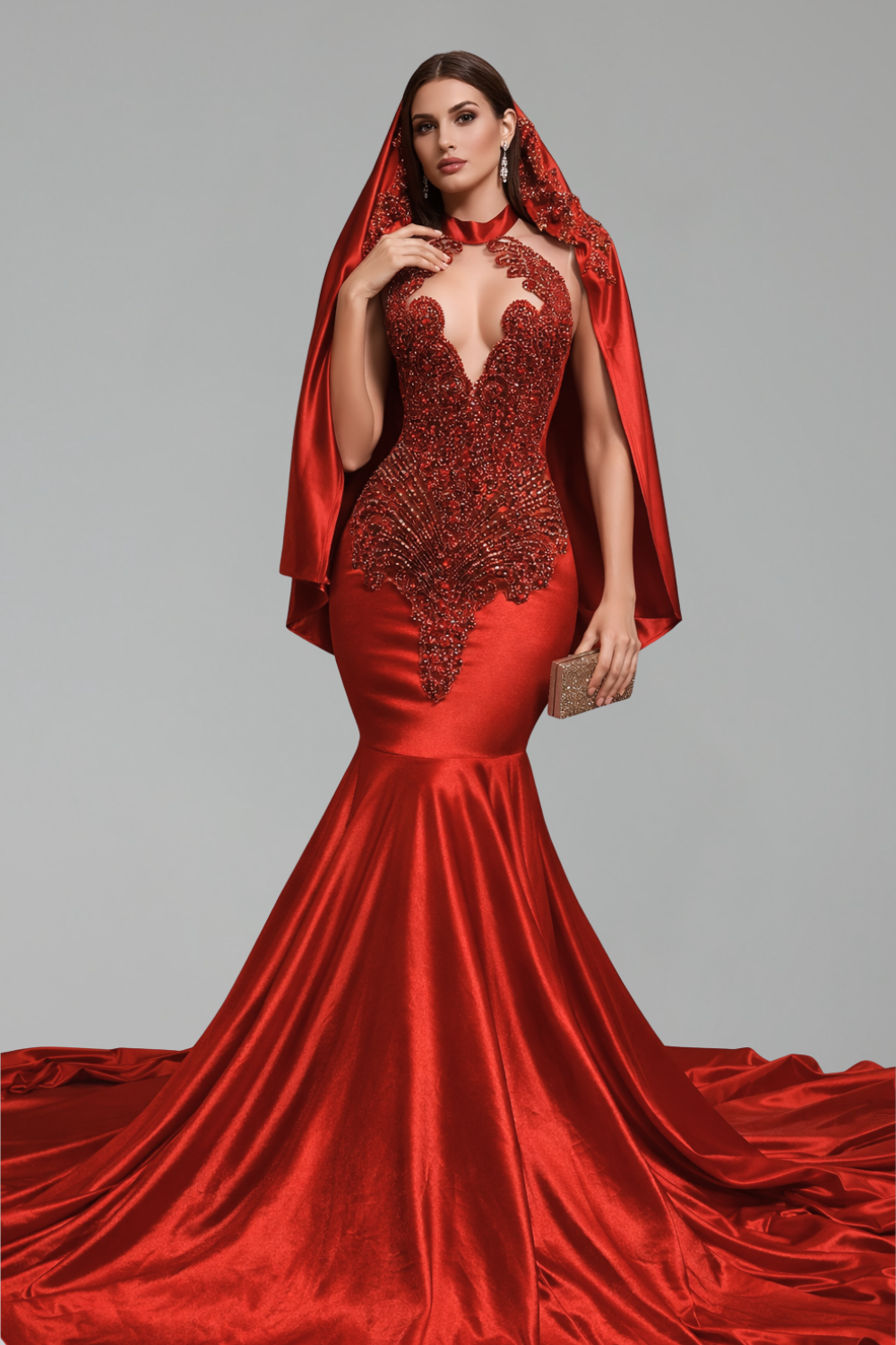 Halter Embellished Cape Mermaid Gown - LAROSABRIDE