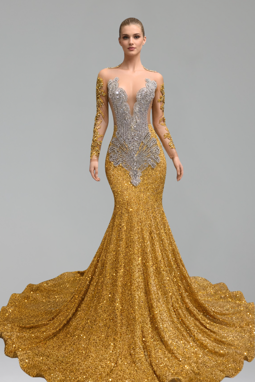Illusion Beaded Long Sleeve Gown - LAROSABRIDE