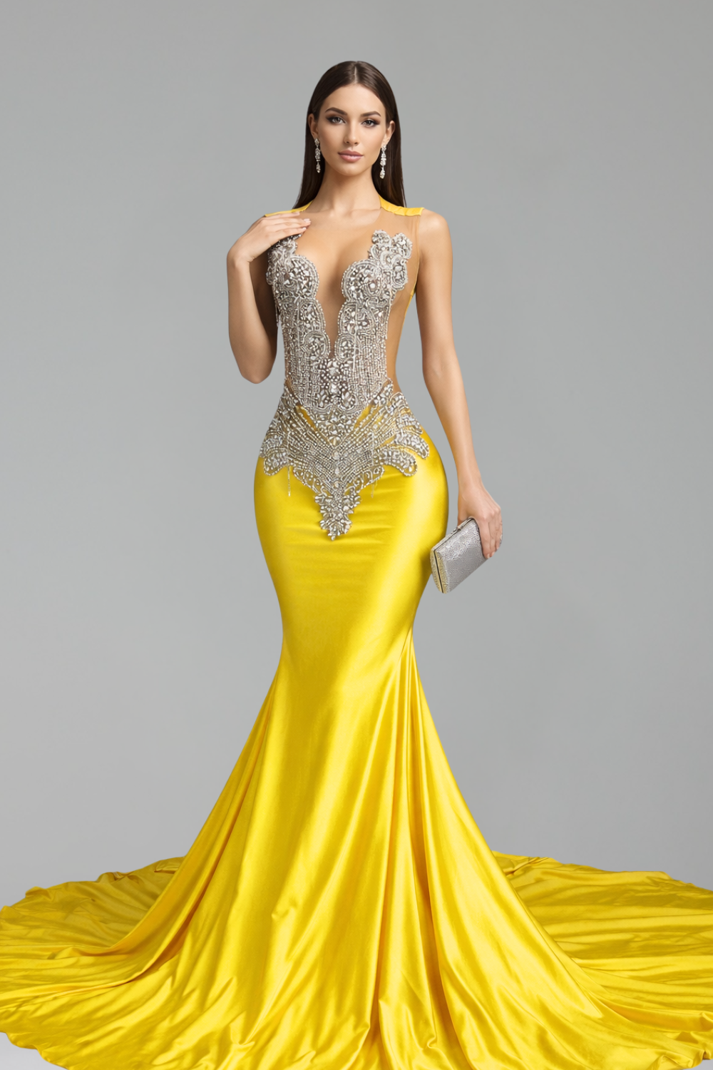 Illusion Embroidered Bodice Satin Mermaid Gown - LAROSABRIDE