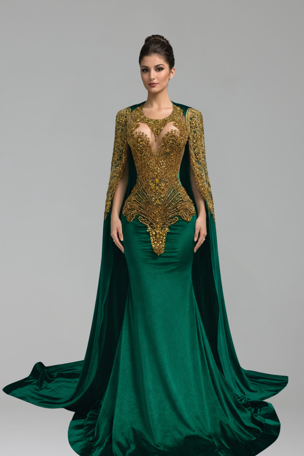 Beaded Cape Sleeve Mermaid Gown - LAROSABRIDE