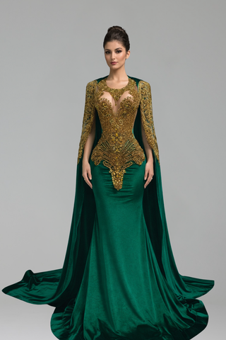 Beaded Cape Sleeve Mermaid Gown