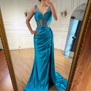 Ships in 2 to 5 Days - Luxury Blue Prom Dress – Spaghetti Strap Evening Gown with Dramatic Side Overskirt.