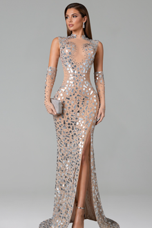 Gold Mirror Embellished Sheath Gown - LAROSABRIDE