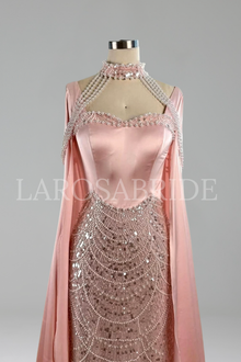 Satin Cape Beaded Gown - LAROSABRIDE