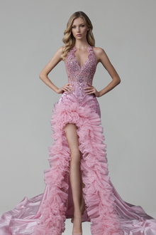 Beaded Halter Ruffle Mermaid Gown - LAROSABRIDE