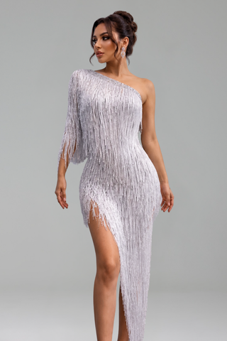 One-Shoulder Fringe Cocktail Dress