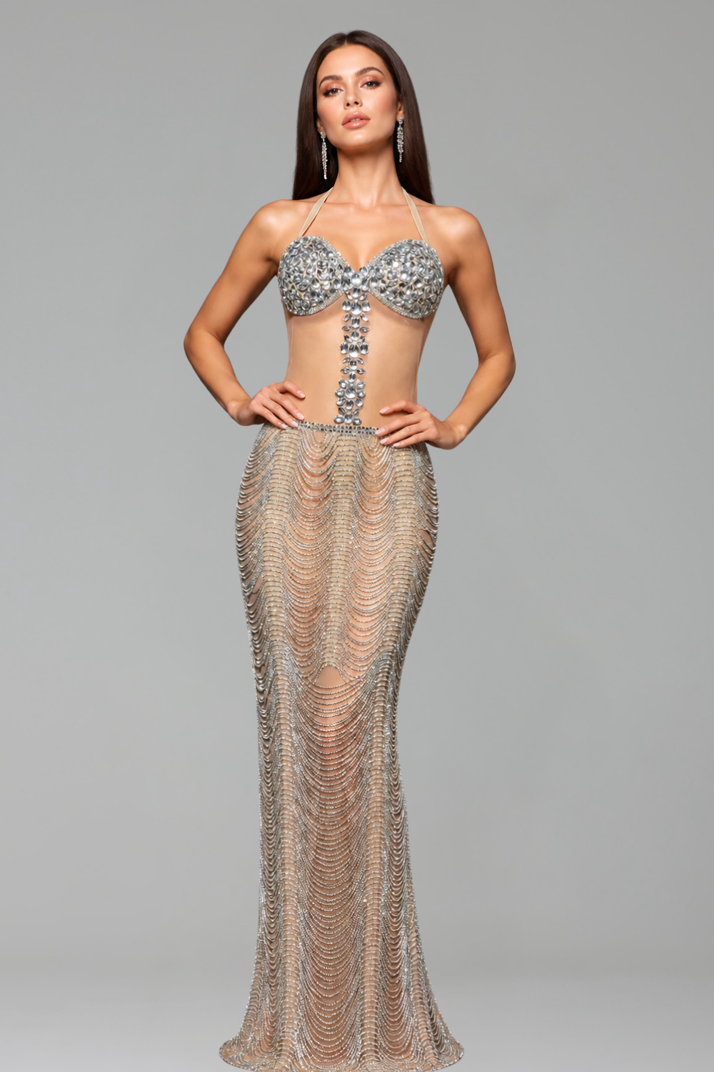 Crystal Chain Halter Sheer Gown - LAROSABRIDE