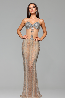 Crystal Chain Halter Sheer Gown - LAROSABRIDE
