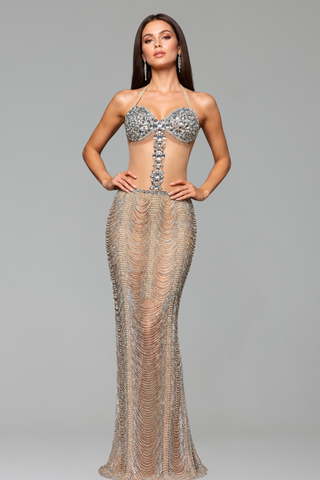 Crystal Chain Halter Sheer Gown - LAROSABRIDE