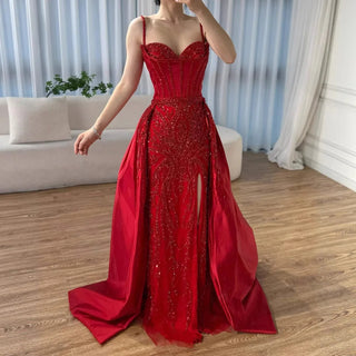 Luxury Red Beaded Spaghetti-Strap Evening Gown with High Slit & Overskirt – Elegant Formal Dress
