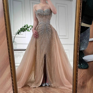 Ships in 2 to 5 Days - Pink Crystal Beaded Mermaid Evening Gown with Overskirt – Customized 2025 Saudi Formal Dress