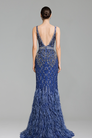 Feather Beaded Mermaid Gown - LAROSABRIDE