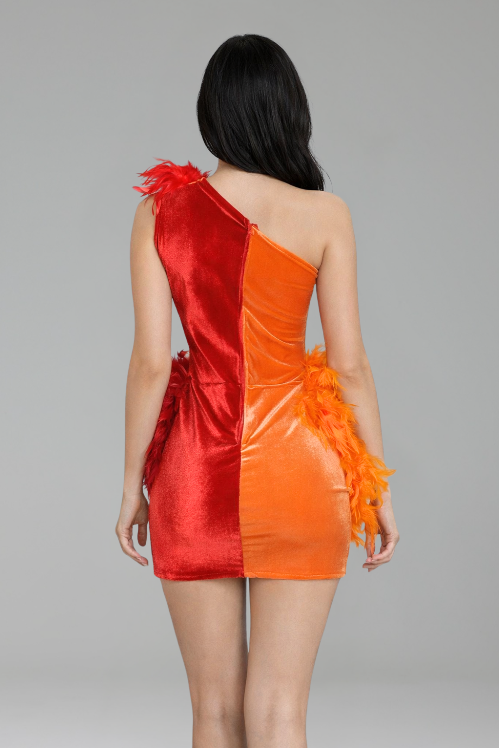 Asymmetric Feather Embellished Mini Dress - LAROSABRIDE