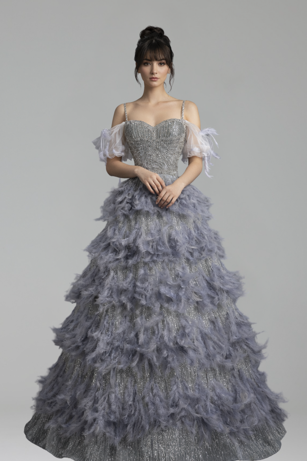 Gray Beaded Feather A Line Dress - LAROSABRIDE