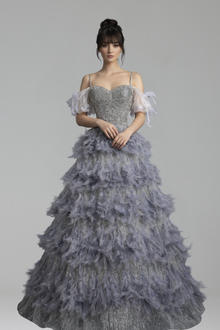Gray Beaded Feather A Line Dress - LAROSABRIDE