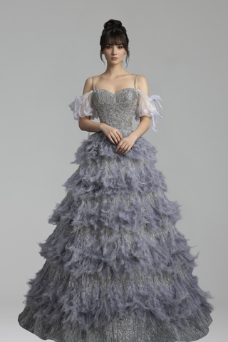 Gray Beaded Feather A Line Dress