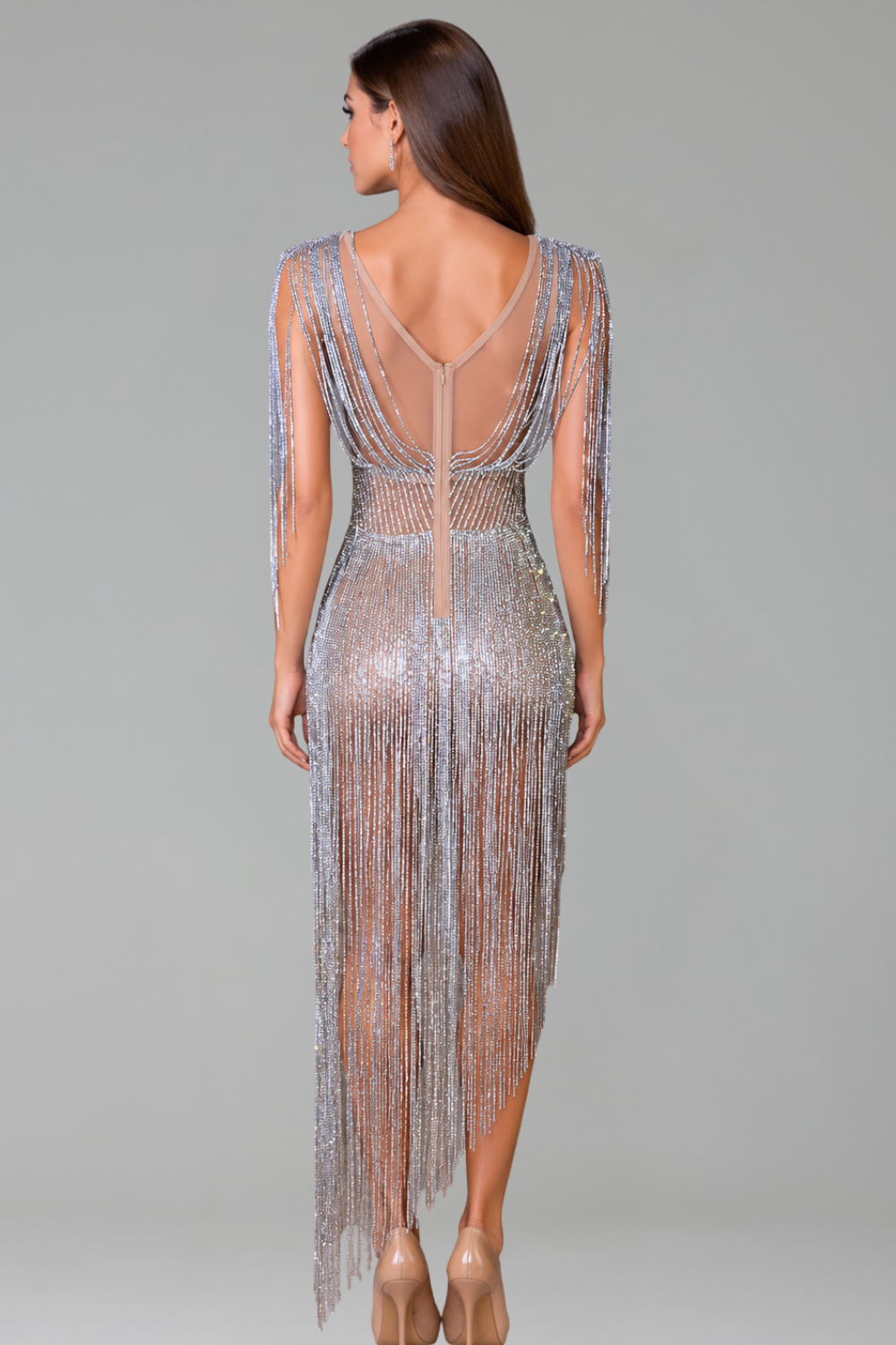 Deep V Crystal Fringe Dress - LAROSABRIDE