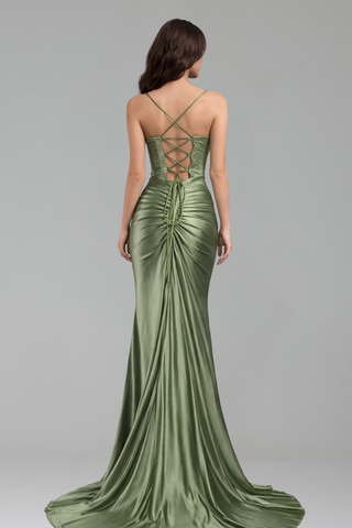 Satin Lace Beaded Slit Gown - LAROSABRIDE