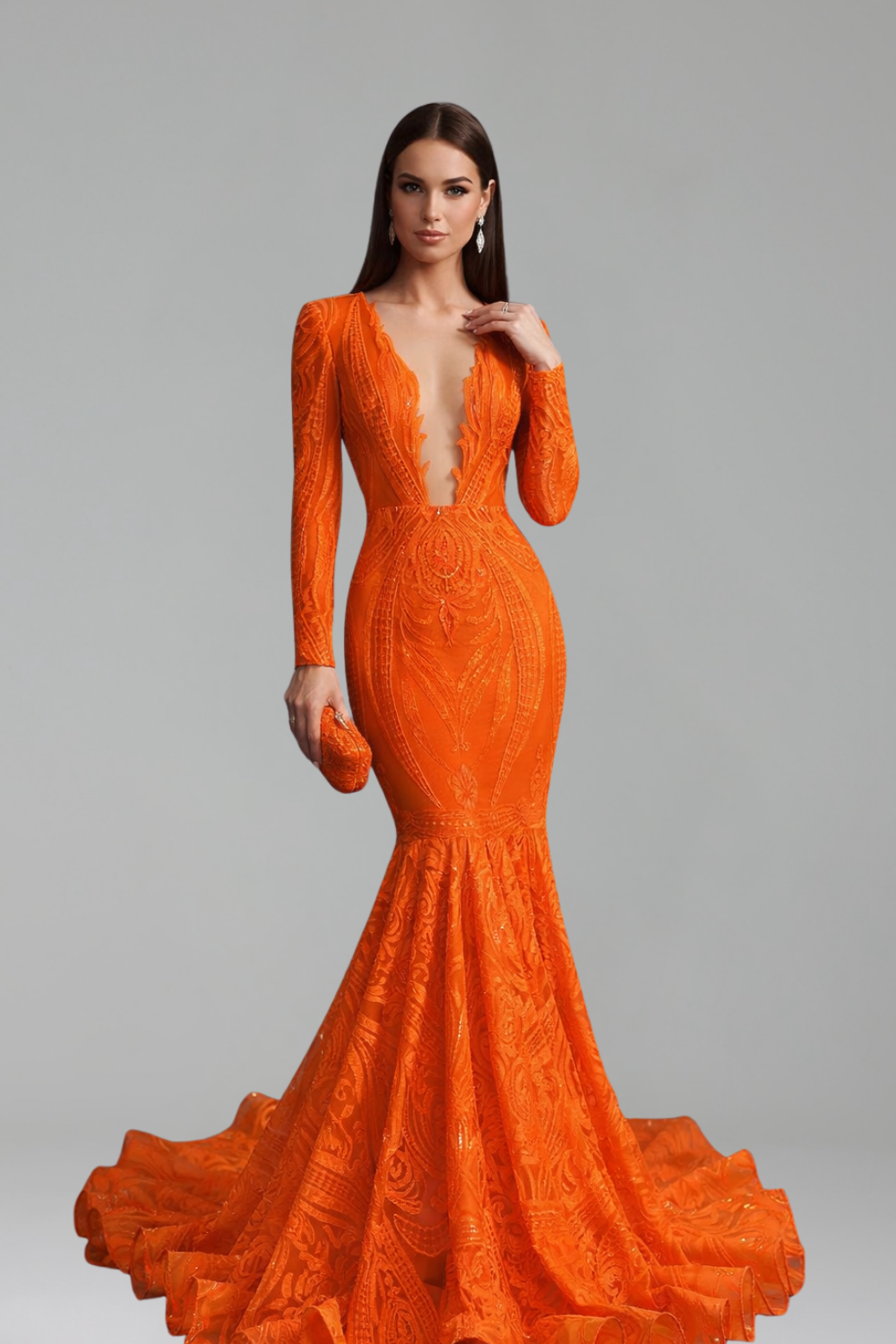 Long Sleeve Deep V Mermaid Gown - LAROSABRIDE