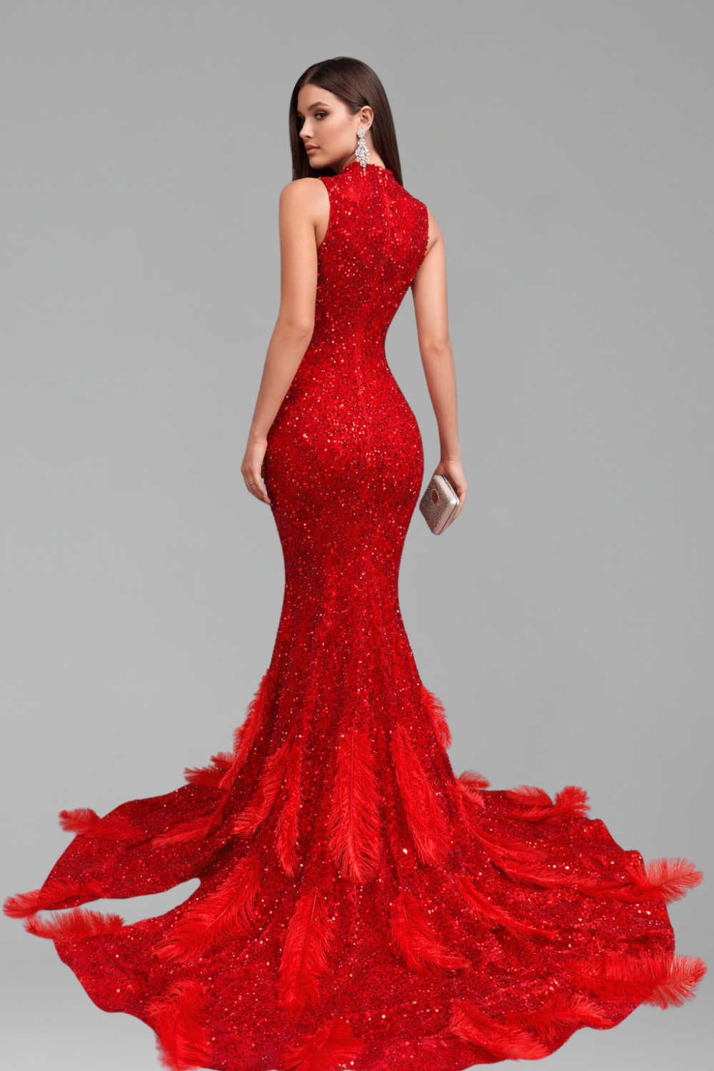 Beaded Cutout Feather Train Dress - LAROSABRIDE