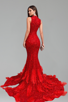Beaded Cutout Feather Train Dress - LAROSABRIDE